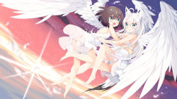Rule 34 | 2girls, absurdres, angel wings, animal ear fluff, animal ears, ass, bare legs, barefoot, brown hair, commentary request, dutch angle, feathered wings, feathers, fox ears, fox girl, fox tail, green eyes, hair between eyes, highres, hololive, horizon, long hair, lr (last remote 514), multiple girls, natsuiro matsuri, ocean, see-through, shirakami fubuki, sky, sunset, tail, very long hair, virtual youtuber, water, white feathers, white hair, white wings, wings