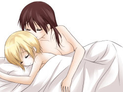 Rule 34 | 00s, 2girls, aftersex, bed, bed sheet, blonde hair, blush, breasts, brown hair, cleavage, couple, cuddling, erica hartmann, closed eyes, gertrud barkhorn, kanata (sentiment), medium breasts, multiple girls, naked sheet, nude, pillow, short hair, sleeping, strike witches, under covers, world witches series, yuri