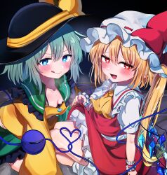 Rule 34 | 2girls, absurdres, black hat, blonde hair, blue eyes, blush, breasts, cleavage, clothes lift, commentary request, fang, flandre scarlet, green hair, hat, heart, heart-shaped pupils, highres, komeiji koishi, koroyarou, long hair, looking at viewer, medium breasts, medium hair, mob cap, multiple girls, one eye closed, red eyes, red shirt, red skirt, shirt, side ponytail, skirt, skirt lift, symbol-shaped pupils, third eye, tongue, tongue out, touhou, vampire, white hat, yellow shirt