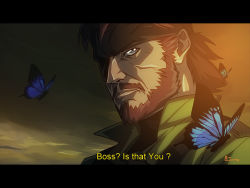 Rule 34 | 1boy, anime coloring, beard, big boss, blue eyes, brown hair, bug, butterfly, emilio lopez, english text, facial hair, fake screenshot, headband, insect, letterboxed, male focus, metal gear (series), metal gear solid, metal gear solid: peace walker, mustache, naked snake, signature, solo