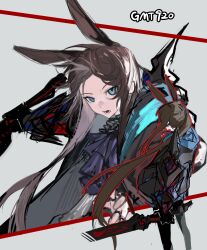 Rule 34 | 1girl, absurdres, amiya (arknights), amiya (guard) (arknights), animal ears, arknights, ascot, black collar, black jacket, black pantyhose, blue ascot, blue eyes, brown hair, collar, extra ears, grey background, highres, holding, holding sword, holding weapon, infection monitor (arknights), jacket, looking at viewer, official alternate costume, open clothes, open jacket, open mouth, pantyhose, ponytail, rabbit ears, rabbit girl, shirt, simple background, solo, sword, weapon, white shirt, xiaorang217