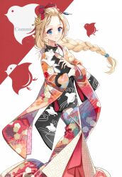 Rule 34 | 1girl, alternate costume, animal, bangs pinned back, blonde hair, blush, braid, cat, closed mouth, commentary request, commission, floral print, forehead, freckles, highres, japanese clothes, kimono, long hair, long sleeves, maou no hajimekata, mio (maou no hajimekata), nekozuki yuki, orange kimono, print kimono, red background, single braid, skeb commission, smile, solo, two-tone background, very long hair, watermark, white background, wide sleeves