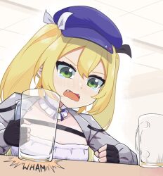 Rule 34 | 1girl, blonde hair, blue hat, cup, dokibird (vtuber), drinking glass, fang, fingerless gloves, gloves, green eyes, grey jacket, hat, highres, indie virtual youtuber, indoors, jacket, jahy-sama wa kujikenai!, long hair, morfall, open mouth, parody, scene reference, solo, table, tearing up, twintails, upper body