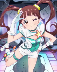Rule 34 | 10s, 1girl, ;), artist request, boots, brown eyes, brown hair, choker, gloves, hand on own hip, heart, holster, idolmaster, idolmaster million live!, matsuda arisa, official art, one eye closed, salute, shorts, smile, thigh holster, twintails, weapon, wink