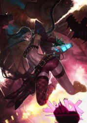 Rule 34 | 1girl, armpits, bandolier, belt, bikini, bikini top only, blue hair, boots, braid, breasts, bullet, character name, city, dog tags, embers, evil grin, evil smile, explosion, explosive, fingerless gloves, gatling gun, gloves, glowing, glowing weapon, grenade, grin, gun, handgun, jewelry, jinx (league of legends), league of legends, lonely nero, midriff, minigun, navel, necklace, night, pale skin, pink eyes, pistol, rocket launcher, short shorts, shorts, small breasts, smile, smoke, solo, swimsuit, tattoo, thighhighs, toned, underboob, weapon
