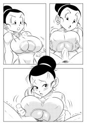 Rule 34 | 1boy, 1girl, breasts, chi-chi (dragon ball), china dress, chinese clothes, cleavage, cleavage cutout, clothing cutout, comic, commentary, dragon ball, dragonball z, dress, earrings, english commentary, erection, funsexydb, greyscale, hair bun, half-closed eyes, highres, jewelry, large breasts, monochrome, paizuri, paizuri under clothes, penis, side slit, silent comic, single hair bun, solo focus, trembling, veins, veiny penis