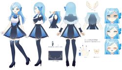 Rule 34 | absurdres, bare arms, blue eyes, blue hair, blush, butterfly hair ornament, character sheet, choker, crescent, crescent earrings, dress, earrings, hair ornament, high heels, highres, indie virtual youtuber, jewelry, long hair, nail polish, official art, pzmnb, smile, tears, thighhighs, tsukino diana, virtual youtuber, zettai ryouiki