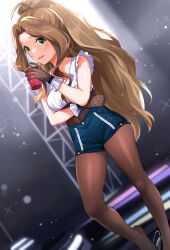 Rule 34 | 1girl, absurdres, ahoge, arm under breasts, bare shoulders, blue shorts, blush, breasts, brown corset, brown gloves, brown hair, brown pantyhose, corset, cup, disposable cup, drinking straw, dutch angle, gloves, green eyes, hanamasa ono, hand up, highres, holding, holding cup, idolmaster, idolmaster million live!, idolmaster million live! theater days, light particles, long hair, looking at viewer, medium breasts, nikaidou chizuru, open mouth, pantyhose, polka dot gloves, ponytail, shirt, shorts, sleeveless, sleeveless shirt, smile, solo, stage, standing, very long hair, white shirt