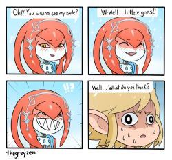 Rule 34 | 1boy, 1girl, blush, colored skin, english text, fins, fish girl, hair ornament, jewelry, link, long hair, mipha, monster girl, multicolored skin, nintendo, no eyebrows, red hair, red skin, sharp teeth, smile, teeth, the legend of zelda, the legend of zelda: breath of the wild, wall-eyed, yellow eyes, zora