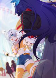 Rule 34 | 2girls, absurdres, back, blue eyes, blurry, blurry background, bow, bracelet, contemporary, couple, crop top, earrings, hair between eyes, hair bow, hair ornament, hairclip, happy, highres, holding, holding hands, honkai (series), honkai impact 3rd, jacket, jewelry, kiana kaslana, lexingrakukouu, long hair, looking at another, looking back, multiple girls, open mouth, outdoors, pointing, ponytail, purple hair, raiden mei, shorts, thighhighs, torn clothes, torn shorts, twintails, white hair, yuri