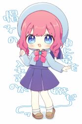 Rule 34 | 1girl, :d, beret, blue dress, blue eyes, blue hat, blue jacket, brown footwear, chibi, commentary request, dress, full body, hand up, hat, highres, himitsu no aipri, jacket, loafers, long sleeves, looking at viewer, neck ribbon, open mouth, paradise private academy school uniform, pink ribbon, player character (aipri), pleated dress, pretty series, red hair, ribbon, rin (ikura meshi), school uniform, shoes, short dress, smile, socks, solo, standing, translation request, white background, white socks