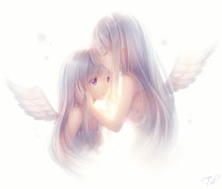 Rule 34 | 2girls, age difference, albino, angel, angel wings, backlighting, bare arms, bare shoulders, child, closed eyes, dress, hand in own hair, kiss, kissing forehead, long hair, mother and daughter, multiple girls, onee-loli, original, purple eyes, silver hair, strapless, strapless dress, tears, tidsean, very long hair, white dress, wings, yuri