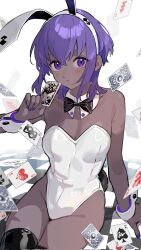 Rule 34 | 1girl, ace (playing card), ace of hearts, ace of spades, animal ears, assassin (fate/zero), bare shoulders, blush, bow, bowtie, breasts, card, cleavage, closed mouth, colored skin, covered navel, dark-skinned female, dark skin, detached collar, fake animal ears, fake tail, fate/grand order, fate/prototype, fate/prototype: fragments of blue and silver, fate (series), female assassin (fate/zero), fujimaru ritsuka (female), fujimaru ritsuka (male), grey skin, hair between eyes, hairband, hassan of serenity (fate), hassan of the cursed arm (fate), heart, highleg, highleg leotard, highres, holding, holding card, king hassan (fate), leotard, looking at viewer, mask, medium breasts, nao (syn eaa), playboy bunny, playing card, purple eyes, purple hair, rabbit ears, rabbit tail, riyo (lyomsnpmp) (style), short hair, skull mask, solo, spade (shape), strapless, strapless leotard, tail, traditional bowtie, very dark skin, white leotard, wrist cuffs