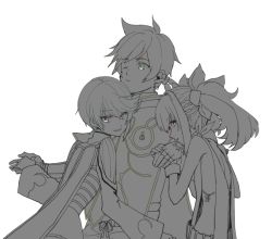 Rule 34 | 10s, 1girl, 2boys, braid, choker, greyscale, holding hands, jewelry, mikleo (tales), monochrome, multiple boys, smile, sorey (tales), symonne (tales), tales of (series), tales of zestiria, twintails, yuusa-y