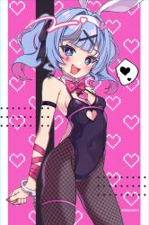 Rule 34 | 1girl, :d, animal ears, bare shoulders, black leotard, black pantyhose, blue eyes, blue hair, blush, bow, breasts, clothing cutout, collar, commentary request, covered navel, cuffs, detached collar, drooling, facial mark, fang, fishnet pantyhose, fishnets, hair ornament, hairband, hairclip, handcuffs, hatsune miku, heart, heart-shaped pupils, heart cutout, highres, leotard, looking at viewer, mouth drool, nail polish, open mouth, pantyhose, pink bow, pink nails, pixelated, playboy bunny, pole, popo (popopuri), purple background, rabbit ears, rabbit hole (vocaloid), skindentation, small breasts, smile, solo, spoken heart, symbol-shaped pupils, twintails, vocaloid, white collar, white hairband, wing collar, x hair ornament