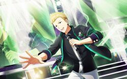Rule 34 | 1boy, blonde hair, blue eyes, collared shirt, highres, holding, holding microphone, idolmaster, idolmaster side-m, idolmaster side-m live on stage!, ijuuin hokuto, jacket, male focus, microphone, official art, open clothes, open jacket, open mouth, palms, shirt, smile, solo, stage lights, teeth, upper teeth only