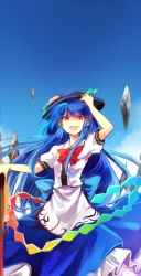 Rule 34 | 1girl, blue hair, blue sky, day, floating rock, food, fruit, hat, hinanawi tenshi, kutsuki kai, long hair, looking at viewer, open mouth, peach, puffy short sleeves, puffy sleeves, red eyes, shirt, short sleeves, skirt, sky, smile, solo, sword of hisou, touhou, very long hair