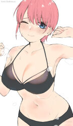 Rule 34 | 1girl, armpit crease, armpits, bikini, black bikini, blue eyes, blush, breasts, cleavage, closed mouth, collarbone, commentary request, cowboy shot, curvy, full-face blush, furrowed brow, go-toubun no hanayome, groin, highres, irarei (araisanblog), large breasts, looking at viewer, nakano ichika, navel, one eye closed, pink hair, short hair, sidelocks, simple background, smile, solo, standing, stomach, sweat, swept bangs, swimsuit, twitter username, visible air, watermark, web address, white background