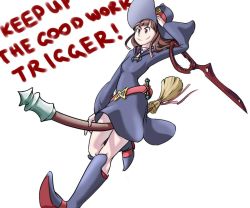 Rule 34 | 1girl, bailing baker, boots, broom, broom riding, brown hair, company connection, crossover, dress, hat, kagari atsuko, kill la kill, knee boots, little witch academia, long hair, md5 mismatch, parody, resized, smile, solo, trigger (company), witch, witch hat