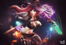 Rule 34 | 1girl, adapted costume, armor, bad id, bad pixiv id, belt, breasts, deathfire grasp, gloves, glowing, glowing eyes, green eyes, gunblade, hat, hextech gunblade, katarina (league of legends), large breasts, league of legends, long hair, looking at viewer, midriff, needlessly large rod, one3four!, rabadon&#039;s deathcap, red hair, rylai&#039;s crystal scepter, scar, shoulder pads, signature, skin tight, skull, solo, staff, strap, vambraces, weapon, witch hat