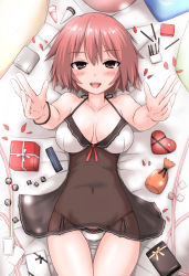 Rule 34 | 1girl, :d, breasts, brown eyes, collarbone, foreshortening, gift, kokorono arika, large breasts, lingerie, looking at viewer, lying, naughty face, navel, negligee, on back, open mouth, original, outstretched arms, panties, pocky, red hair, side-tie panties, smile, solo, teeth, thigh gap, underwear