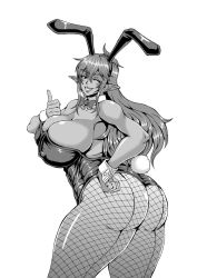 Rule 34 | animal ears, armpit hair, armpits, breasts, detached collar, elf, covered erect nipples, fake animal ears, fishnet pantyhose, fishnets, huge breasts, leotard, long hair, mifune seijirou, open mouth, original, pantyhose, playboy bunny, pointy ears, strapless, strapless leotard, wrist cuffs