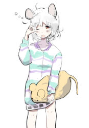 Rule 34 | 1girl, ahoge, animal ears, chidori nekoro, feet out of frame, grey hair, holding, holding stuffed toy, mouse ears, mouse tail, nazrin, nightshirt, one eye closed, short hair, sleepwear, sleepy, squeans, stuffed animal, stuffed mouse, stuffed toy, tail, touhou, yawning
