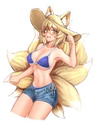 Rule 34 | 1girl, animal ear fluff, animal ears, bikini, blonde hair, breasts, castyx, cowboy shot, cropped legs, denim, denim shorts, fox ears, fox tail, frown, hand on headwear, highres, large breasts, looking at viewer, midriff, multiple tails, navel, short hair, shorts, simple background, solo, swimsuit, tail, touhou, underboob, white background, yakumo ran, yellow eyes