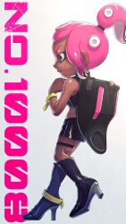 Rule 34 | &gt;:(, 1girl, absurdres, agent 8 (splatoon), armband, backpack, bag, black footwear, black shirt, boots, brown eyes, buckle, crop top, dark-skinned female, dark skin, english text, from side, frown, full body, hair tie, high heel boots, high heels, high ponytail, highres, knee boots, leather, leather boots, leather shirt, leather skirt, miniskirt, nintendo, octoling, octoling player character, pink hair, ponytail, ra gyoooo, shirt, short ponytail, sidelocks, simple background, skirt, splatoon (series), splatoon 2, splatoon 2: octo expansion, stiletto heels, suction cups, tentacle hair, thigh strap, v-shaped eyebrows, walking, white background, zipper