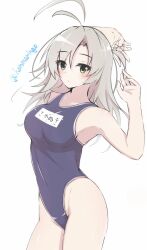 Rule 34 | 1girl, alternate costume, antenna hair, bare shoulders, blue one-piece swimsuit, clothes writing, cowboy shot, from side, green eyes, grey hair, highres, honma (honmatomohiro), kantai collection, kinugasa (kancolle), looking at viewer, one-piece swimsuit, school swimsuit, short hair, simple background, solo, swimsuit, tsurime, twitter username, white background