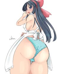 Rule 34 | 1girl, apron, artist name, ass, black hair, blue eyes, blush, breasts, covered erect nipples, from below, hair ribbon, highres, large breasts, legs, long hair, looking at viewer, looking back, naked apron, nakoruru, open mouth, panties, ribbon, samurai spirits, sideboob, snk, solo, the king of fighters, thick thighs, thighs, underwear, wedgie