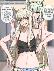 Rule 34 | 2girls, animal ear fluff, animal ears, arknights, bare arms, bare shoulders, blonde hair, blue panties, brown eyes, camisole, cat ears, clenched teeth, commentary, crop top, english commentary, green eyes, green hair, head tilt, highres, horse ears, indoors, kal&#039;tsit (arknights), long hair, midriff, multiple girls, navel, open mouth, panties, platinum (arknights), spaghetti strap, speech bubble, stomach, symmetricturd, tape measure, teeth, underwear, upper body, very long hair