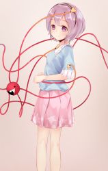 Rule 34 | 1girl, absurdres, blue shirt, breasts, brown hairband, closed mouth, collar, floor, floral print, flower, from behind, hair between eyes, hairband, heart, heart-shaped pupils, highres, komeiji satori, looking at viewer, mantou xiang, medium breasts, pink background, pink eyes, pink flower, pink rose, pink skirt, rose, rose print, shirt, short hair, short sleeves, skirt, smile, solo, standing, symbol-shaped pupils, t-shirt, third eye, touhou, wall