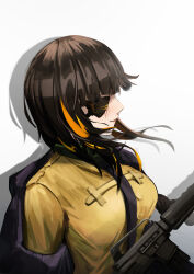 Rule 34 | 1girl, absurdres, assault rifle, black hair, black jacket, closed mouth, eyepatch, girls&#039; frontline, gun, highres, jacket, long hair, looking to the side, m16, m16a1, m16a1 (girls&#039; frontline), mario (inverse atelier), rifle, scar, shirt, simple background, upper body, weapon, yellow shirt