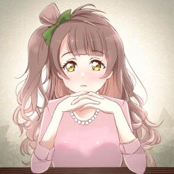 Rule 34 | 1girl, artist name, artist request, blush, bow, breasts, brown eyes, brown hair, close-up, elbow on table, female focus, green bow, grey hair, hair bow, hair rings, jewelry, light brown hair, long hair, long sleeves, looking at viewer, love live!, love live! school idol project, minami kotori, necklace, parted lips, pearl necklace, pink shirt, ponytail, shirt, side ponytail, small breasts, smile, solo, table, upper body, yellow eyes