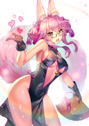 Rule 34 | 1girl, :d, animal ear fluff, animal ears, bare shoulders, bell, black dress, black gloves, breasts, center opening, china dress, chinese clothes, commentary request, dress, fate/grand order, fate (series), folding fan, fox ears, fox girl, fox tail, glasses, gloves, hair ornament, hand fan, heart, holding, holding fan, jingle bell, koyanskaya (chinese lostbelt outfit) (fate), koyanskaya (fate), navel, open mouth, pink hair, sleeveless, sleeveless dress, slit pupils, smile, solo, tail, tamamo (fate), thighs, underboob, yellow eyes, yoshimoto (dear life)