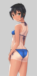 Rule 34 | 1girl, androgynous, arms at sides, ass, back, bare arms, bare shoulders, bikini, black hair, blue bikini, blue ribbon, blush, brown eyes, closed mouth, cowboy shot, from behind, grey background, hashi, lips, looking back, one-piece tan, original, ribbon, short hair, side-tie bikini bottom, simple background, solo, standing, swimsuit, tan, tanline, thighs
