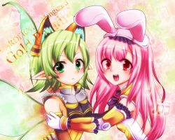 Rule 34 | 10s, 2girls, animal ears, cardfight!! vanguard, cat ears, elf, fortune bell, frills, gold paladin, green eyes, green hair, greeting drummer, looking at viewer, multiple girls, pink hair, pointy ears, rabbit ears, red eyes