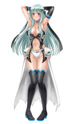Rule 34 | 1girl, absurdres, alternate costume, aqua hair, armpits, arms up, asymmetrical gloves, black footwear, black gloves, black thighhighs, blush, boots, breasts, circlet, cleavage, collar, collarbone, commission, elbow gloves, fire emblem, fire emblem: the blazing blade, gloves, gluteal fold, groin, hazuki (nyorosuke), high heel boots, high heels, highres, large breasts, long hair, midriff, navel, ninian (fire emblem), nintendo, panties, red eyes, revealing clothes, showgirl skirt, simple background, skeb commission, skull, solo, strapless, thigh boots, thighhighs, torn clothes, underwear, white background, white panties