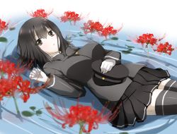 Rule 34 | 10s, 1girl, akitsu maru (kancolle), black eyes, black hair, breasts, flower, gloves, hat, kantai collection, large breasts, looking at viewer, lying, military, military uniform, miniskirt, on back, pale skin, partially submerged, peaked cap, pleated skirt, short hair, skirt, solo, sotogawa max, spider lily, thighhighs, uniform, white gloves, zettai ryouiki