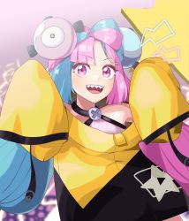 Rule 34 | 1girl, :d, aqua hair, blush, character hair ornament, commentary request, creatures (company), game freak, gym leader, hair ornament, highres, iono (pokemon), jacket, long hair, looking at viewer, nintendo, oddman1234, open mouth, pink hair, pokemon, pokemon sv, purple eyes, sharp teeth, shirt, sleeveless, sleeveless shirt, smile, solo, star (symbol), star print, teeth, tongue, twintails, upper body, upper teeth only, yellow jacket