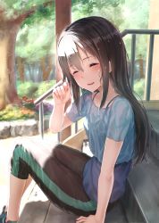 Rule 34 | 10s, 1girl, blush, brown hair, commentary request, closed eyes, highres, idolmaster, idolmaster cinderella girls, kachayori, long hair, open mouth, outdoors, shibuya rin, shirt, smile, solo, stairs, sweat, wet, wet clothes, wet hair, wet shirt