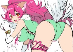 Rule 34 | 1girl, :d, animal ears, animal hands, ass, blush, breasts, cat, cat ears, cat tail, cleavage, cleavage cutout, clothing cutout, full body, gloves, highres, large breasts, leotard, long hair, looking at viewer, navel, one eye closed, open mouth, perisie (star ocean), pink hair, ponytail, red eyes, simple background, smile, solo, star ocean, star ocean anamnesis, star ocean first departure, tail, uzura (moimoi)