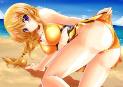 Rule 34 | 10s, 1girl, all fours, ass, bad id, bad pixiv id, beach, bikini, blonde hair, blue sky, breasts, charlotte dunois, cleavage, clothes lift, day, from behind, infinite stratos, jewelry, lifting own clothes, long hair, looking at viewer, looking back, medium breasts, open mouth, outdoors, pendant, ponytail, purple eyes, sakurajousui neko, sand, skirt, skirt lift, sky, smile, solo, swimsuit, thighs, yellow bikini