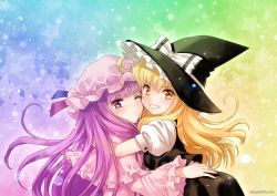 Rule 34 | 2girls, arm around shoulder, blonde hair, blush, capelet, cheek-to-cheek, crescent, crescent hair ornament, frown, gradient background, grin, hair ornament, hand on another&#039;s back, hat, hat ribbon, heads together, heart, highres, hug, kirisame marisa, leaning forward, light particles, long hair, looking at viewer, mob cap, multicolored background, multiple girls, one eye closed, patchouli knowledge, pink robe, puffy short sleeves, puffy sleeves, purple eyes, purple hair, ribbon, robe, sato-pon, short sleeves, skirt, skirt set, smile, star (symbol), starry background, symbol-shaped pupils, touhou, twitter username, witch hat, yellow eyes, yuri
