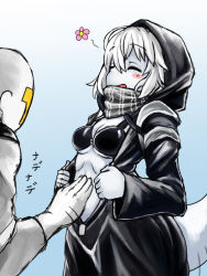 Rule 34 | 10s, 1boy, 1girl, ?, abyssal ship, admiral (kancolle), bad id, bad pixiv id, blush, breasts, cleavage, closed eyes, flower, hood, kantai collection, kitiku, long sleeves, open mouth, re-class battleship, rubbing, scarf, short hair, silver hair, tail, tail wagging