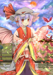 Rule 34 | 1girl, bat (animal), bat wings, bunchou (bunchou3103), female focus, hat, highres, japanese clothes, kimono, nature, outdoors, red eyes, remilia scarlet, short hair, sky, solo, touhou, wings