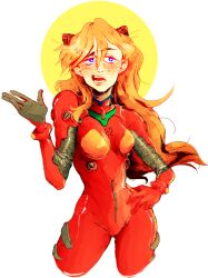 Rule 34 | 1girl, artist request, bodysuit, breasts, brown hair, feet out of frame, freckles, hand on own hip, highres, interface headset, lips, long hair, looking at viewer, medium breasts, neon genesis evangelion, plugsuit, red bodysuit, shiny clothes, simple background, solo, souryuu asuka langley, standing, transparent background, two side up