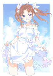 Rule 34 | 1girl, ahoge, alternate costume, bare shoulders, blue sky, blush, bow, breasts, brown hair, clothes lift, cloud, cloudy sky, collarbone, cropped legs, day, dress, dress lift, e20, frilled dress, frills, grin, hair bow, head tilt, kagerou (kancolle), kagerou kai ni (kancolle), kantai collection, lifting own clothes, long hair, looking at viewer, off-shoulder dress, off shoulder, outside border, puffy short sleeves, puffy sleeves, purple eyes, short sleeves, skirt hold, sky, small breasts, smile, solo, standing, sundress, twintails, white bow, white dress