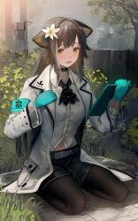 Rule 34 | 1girl, absurdres, animal ears, aqua gloves, arknights, ascot, black ascot, black pantyhose, black shorts, brown hair, cat ears, clipboard, collar, day, flower, folinic (arknights), gloves, hair flower, hair ornament, highres, holding, holding clipboard, infection monitor (arknights), kneeling, long hair, long sleeves, looking at viewer, navel, open mouth, outdoors, pantyhose, pantyhose under shorts, plant, shirt, shorts, solo, welt (kinsei koutenkyoku), white flower, white shirt, yellow eyes